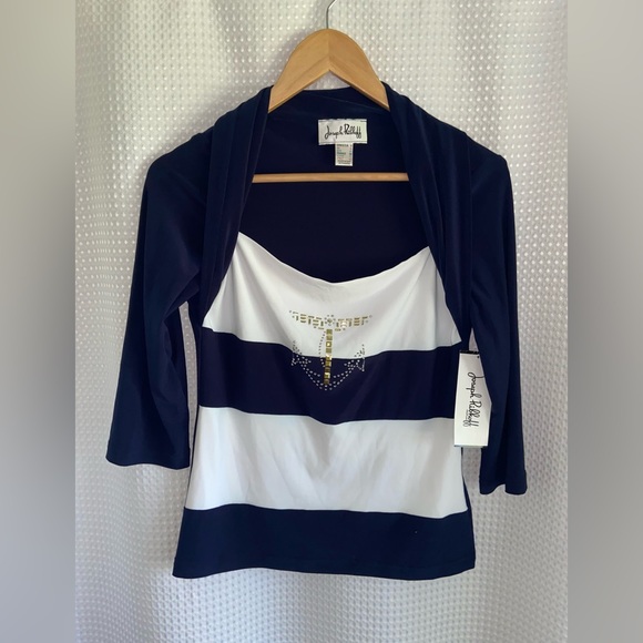 Made in 🇨🇦 Joseph Ribkoff‎ NWT Nautical Rhinestone Anchor Top Size 8 - Picture 2 of 11
